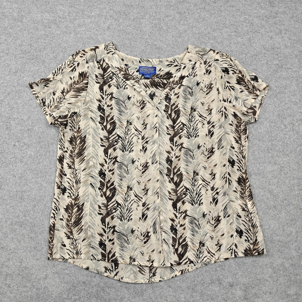 Pendleton Blouse Womens 4 Petite White Floral Print V Neck Short Sleeve Top
